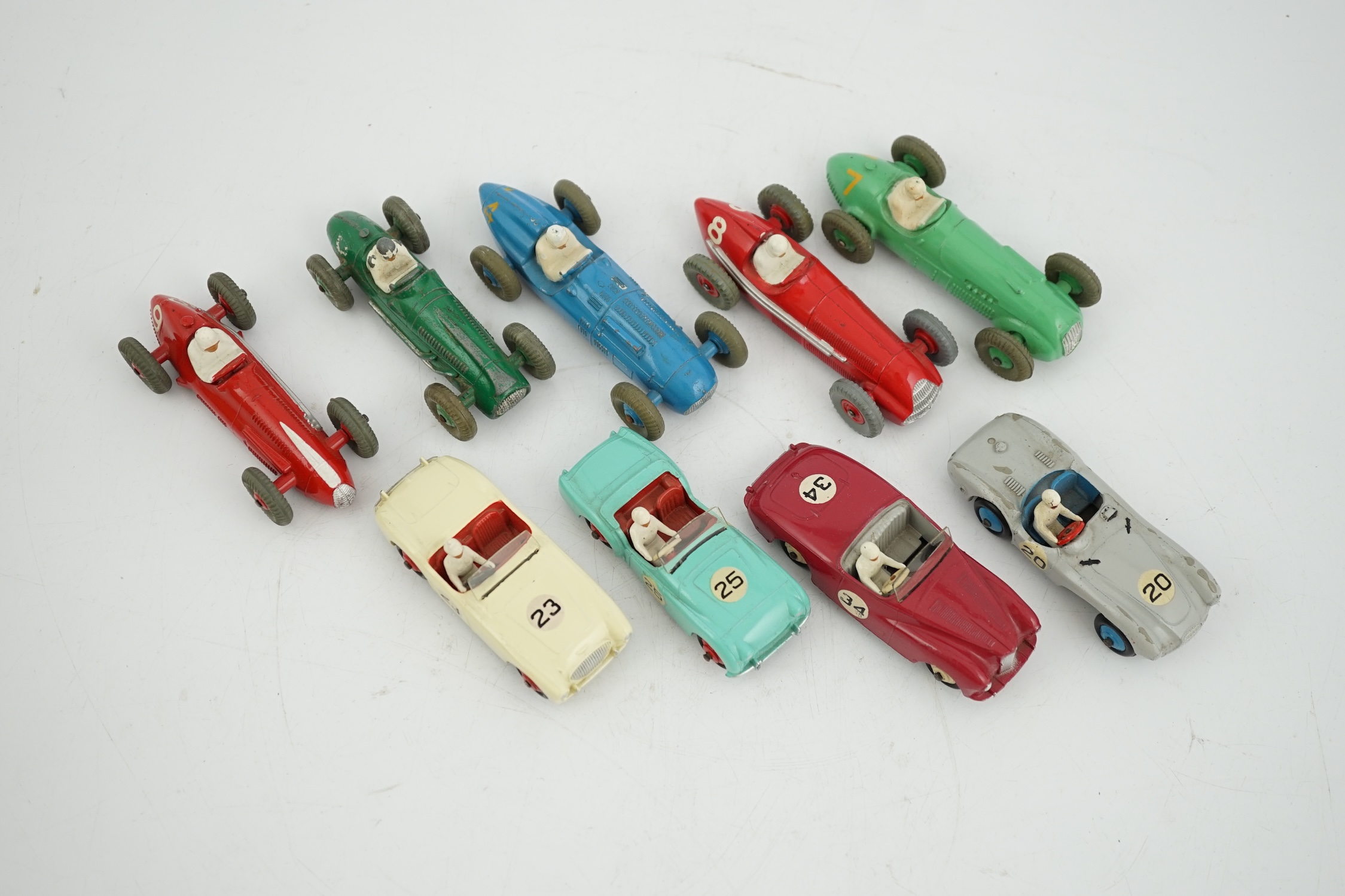 Nine Dinky Toys racing cars, including; Austin Healey, Triumph TR2, Sunbeam Alpine, Aston Martin, HWM, Alfa-Romeo, Talbot Lago, Cooper-Bristol and Maserati